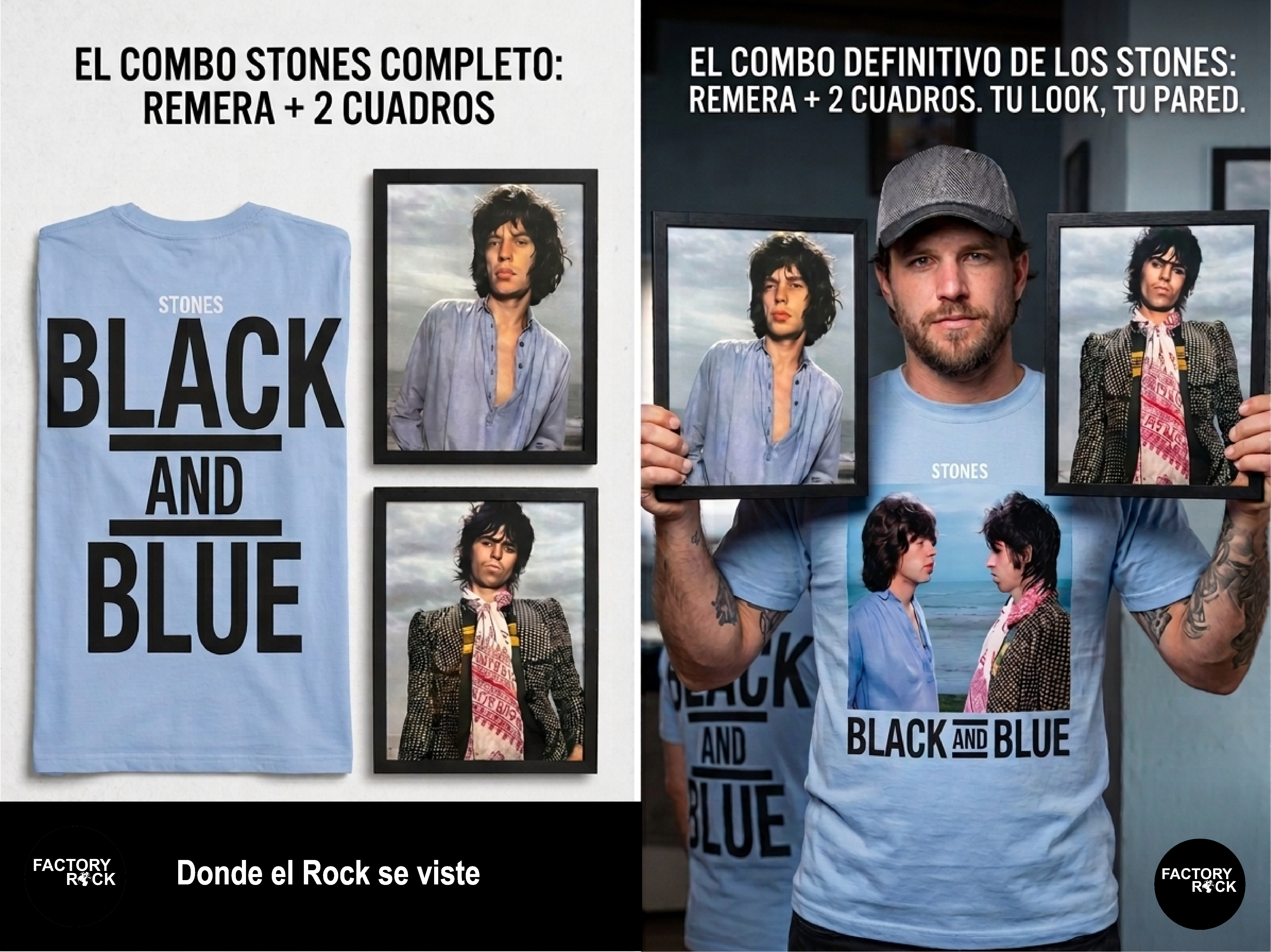 Combo Cuadros UV Mick+Keith+Remera Black and Blue 1 Combo 2 Cuadros Mick Jagger y Keith Richards Black and Blue Sessions+ remera Black and Blue